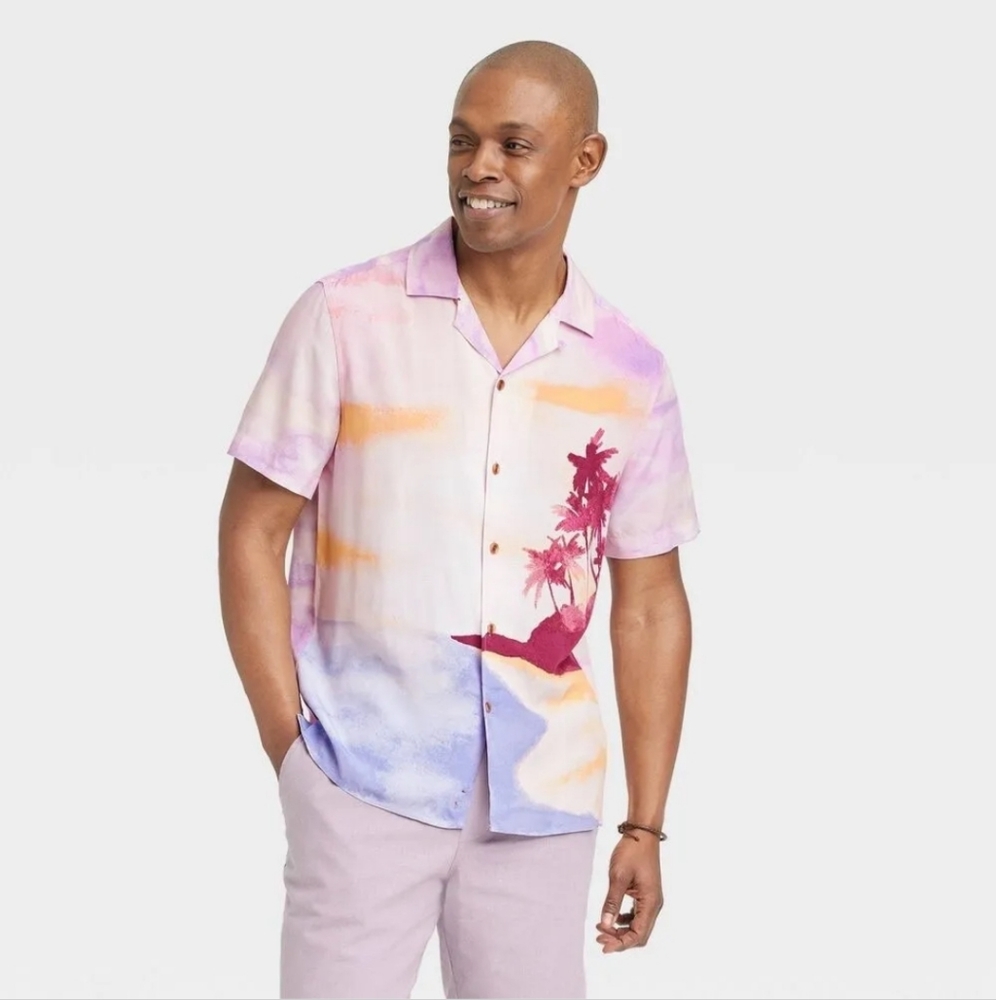 Goodfellow & Co rayon button-down short sleeve shirt sunset and palms tr…